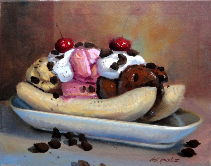 820x648 Banana Split With Chocolate Kisses And Cherries Learn To Oil - Banana Split Painting