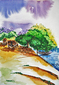 209x300 Village Landscape Of Bangladesh 3 Painting By Shakhenabat Kasana - Bangladesh Painting