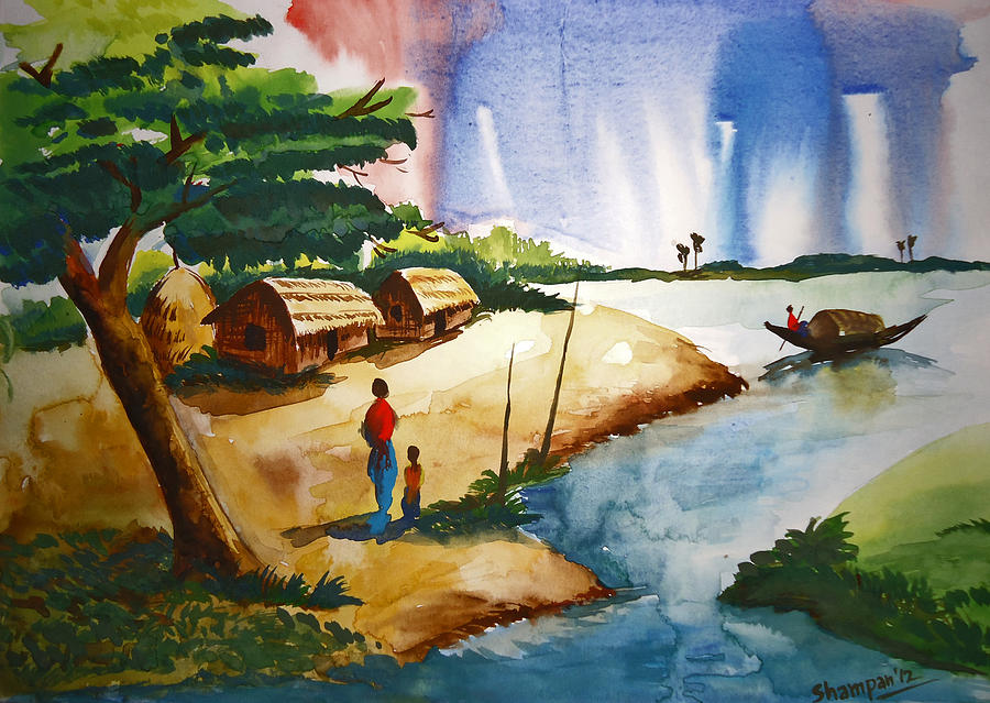 900x639 Village Landscape Of Bangladesh Painting By Shakhenabat Kasana - Bangladesh Painting