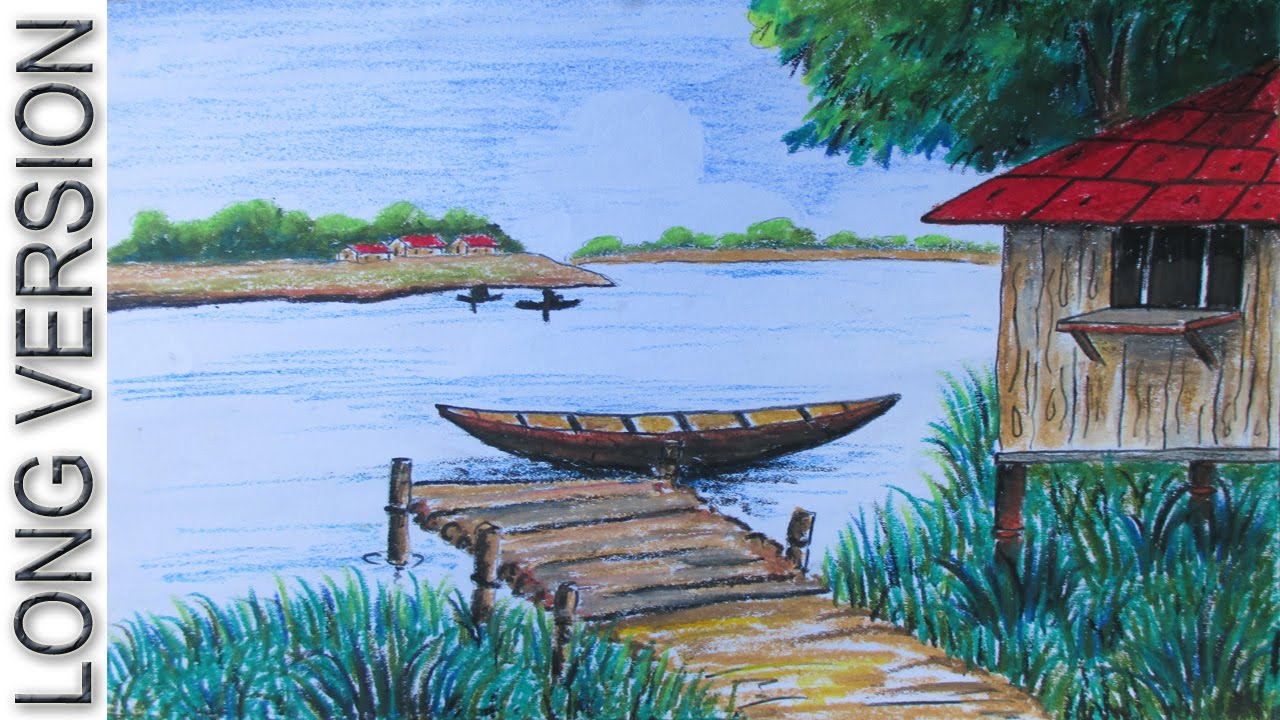 1280x720 How To Draw A Riverside Village Landscape [Long Version] Episode - Bangladesh Village Scenery Painting