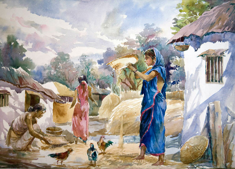 750x540 Paintings Learning To Fly - Bangladesh Village Scenery Painting