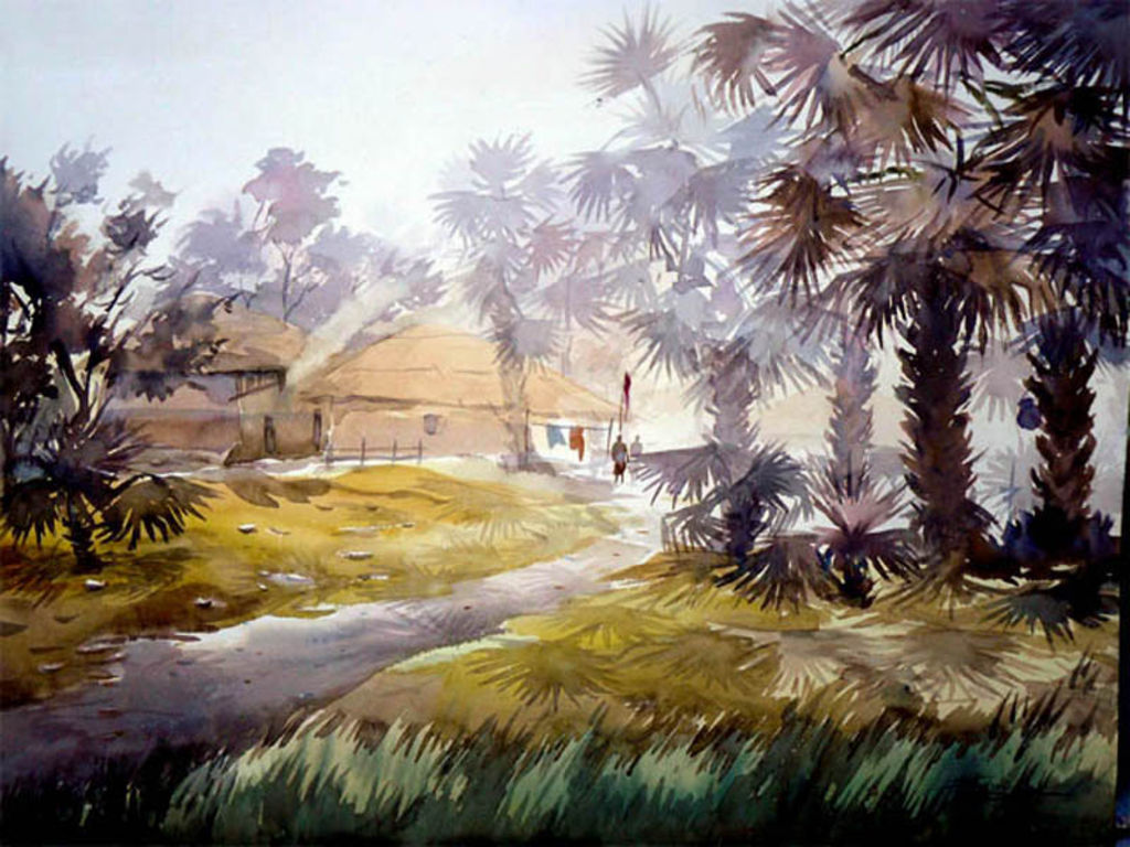 1024x768 Samiran Sarkar - Bangladesh Village Scenery Painting