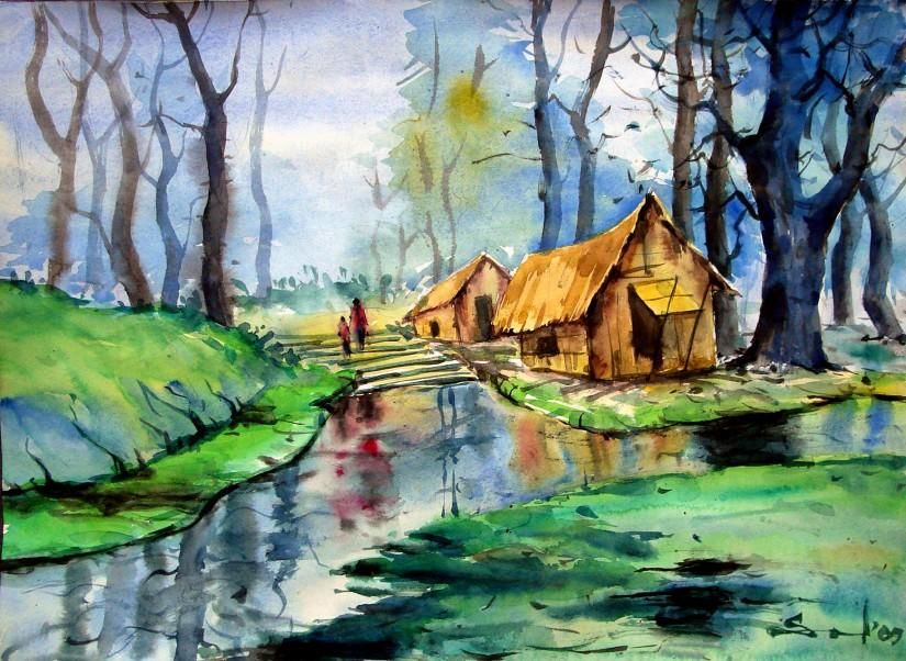 825x602 Reflection 2 - Bangladesh Village Scenery Painting