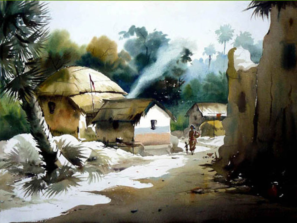 1024x768 Artinvincibles - Bangladesh Village Scenery Painting