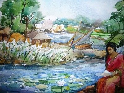400x300 Bangladeshi Village Watercolor Painting By Celebrated Artist - Bangladesh Village Scenery Painting