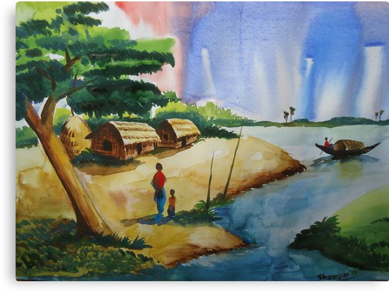 550x414 Village Landscape Of Bangladesh Canvas Prints By Shakhenabat - Bangladeshi Painting