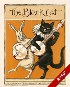240x300 Black Cat Amp Rabbit Playing A Banjo Pet Animal Art Painting Real - Banjo Painting