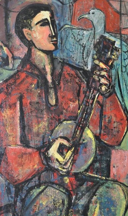 427x720 Vintage Banjo Player W Eagle Oil Painting 1940s To 1950s - Banjo Painting