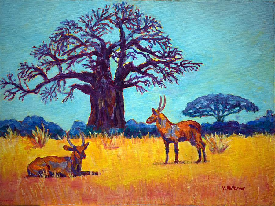 900x675 Waterbucks And Baobab Tree Painting By Val Philbrook - Baobab Tree Painting