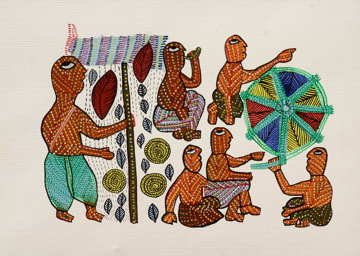 1200x855 Garland Mohan Singh, Bapu With Villagers Gond Painting, Madhya - Bapu Painting