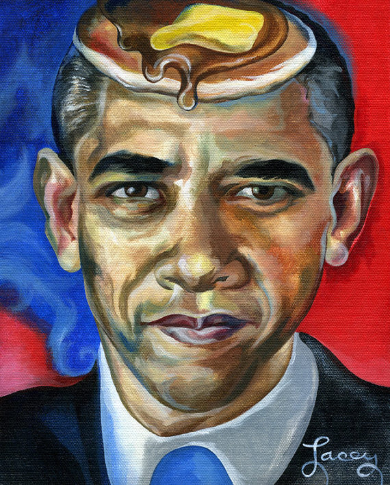 570x708 Canvas Print A Painting Of President Obama With A Pancake - Barack Obama Painting
