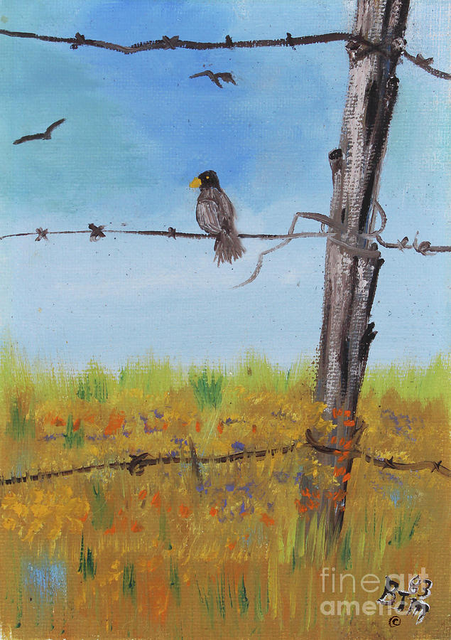 635x900 Bird On A Wire Painting By Betty Mcgregor - Barbed Wire Painting
