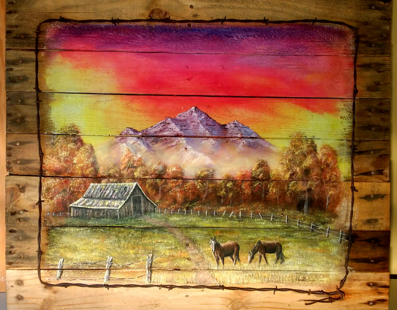 1381x1080 Oil Painting On Old Wood With Barbed Wire Border Elyssaart - Barbed Wire Painting