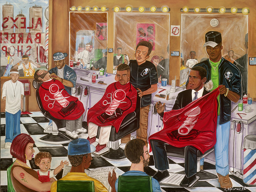 900x675 Obama At The Barber Painting By Mccormick Arts - Barber Painting