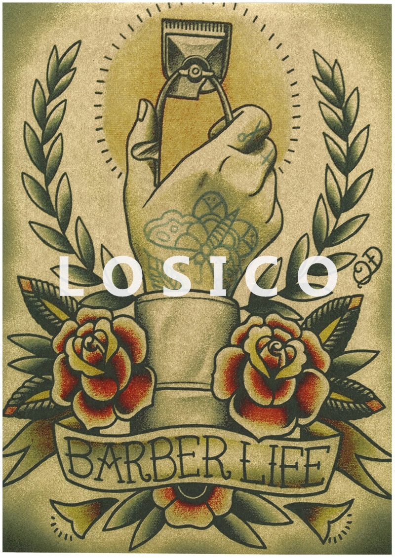 800x1131 Vintage Hairdresser Tattoos Patterned Posters Kraft Paper Interior - Barber Painting