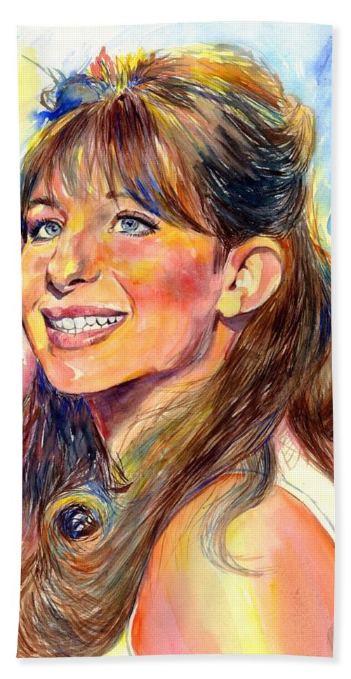 500x967 Barbra Streisand Young Portrait Beach Sheet For Sale By Suzann's Art - Barbra Streisand Painting
