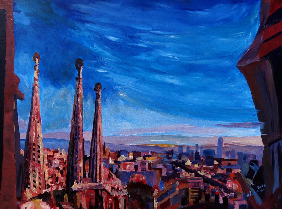 900x667 Barcelona City View And Sagrada Familia Painting By M Bleichner - Barcelona Painting