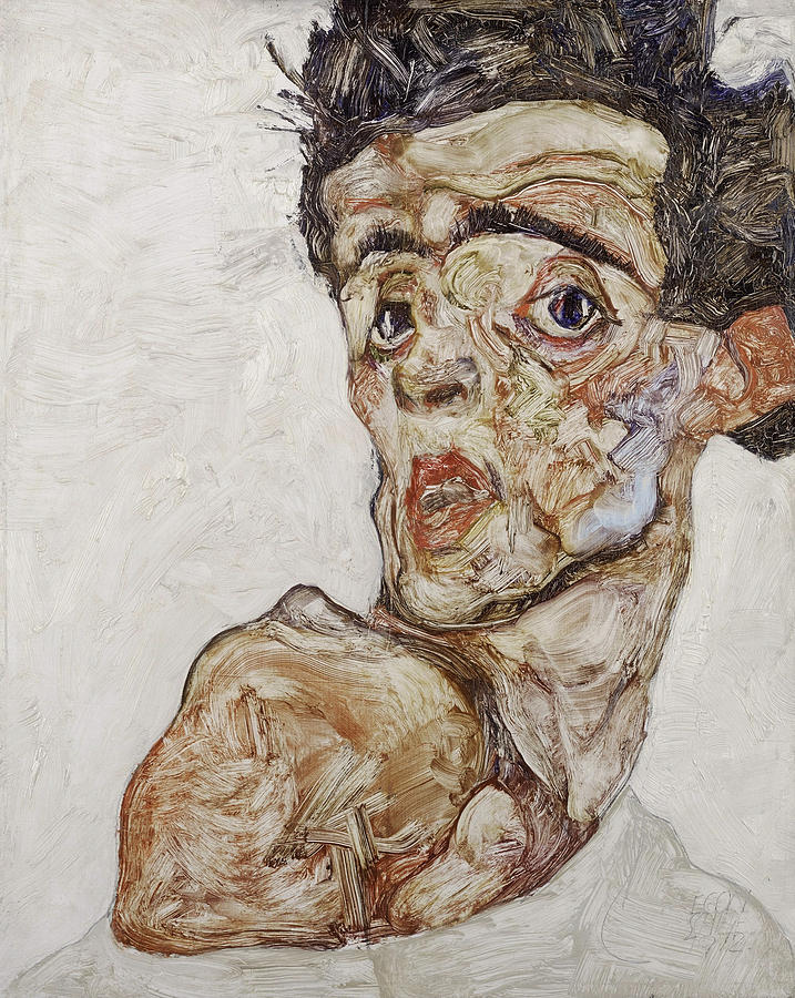 717x900 Self Portrait With Raised Bare Shoulder 1912 Painting By Egon Schiele - Bare Painting