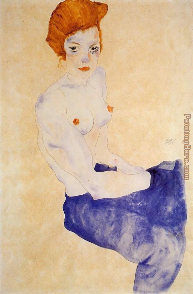 645x980 Egon Schiele Seated Girl With Bare Torso And Light Blue Skirt - Bare Painting