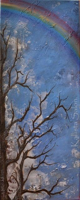 256x640 Nature Bare Tree Branches Art Rainbow Original Acrylic Painting - Bare Tree Painting