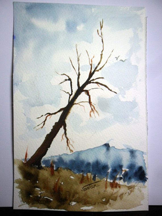570x760 Small Watercolor Bare Tree Painting Original Art - Bare Tree Painting