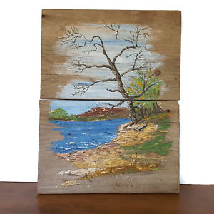 300x300 Vintage Painting Folk Art Barn Board Water Lake Bare Tree - Bare Tree Painting