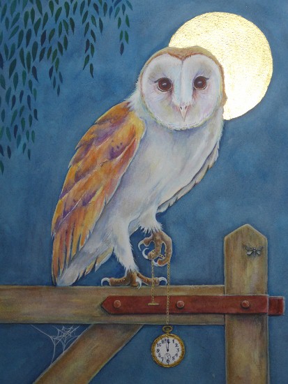 413x550 Barn Owl Painting With Gold Leaf Moon Animal Artist ~ Diane Young - Barn Owl Painting