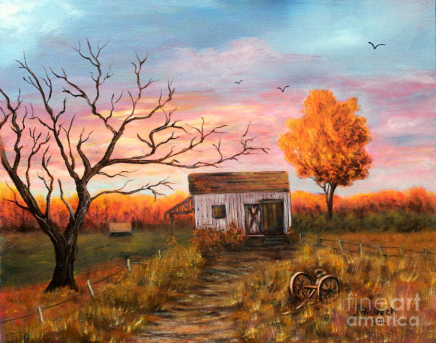 900x707 Old Barn Painting At Sunset Painting By Judy Filarecki - Barn Painting