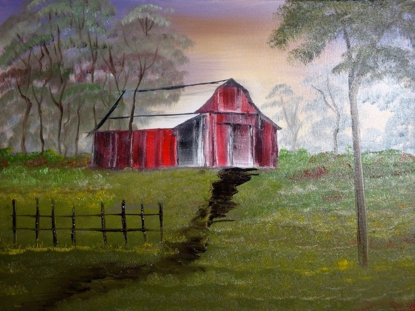 850x638 Old Red Rustic Barn Paintings By Lana Fultz - Barn Painting