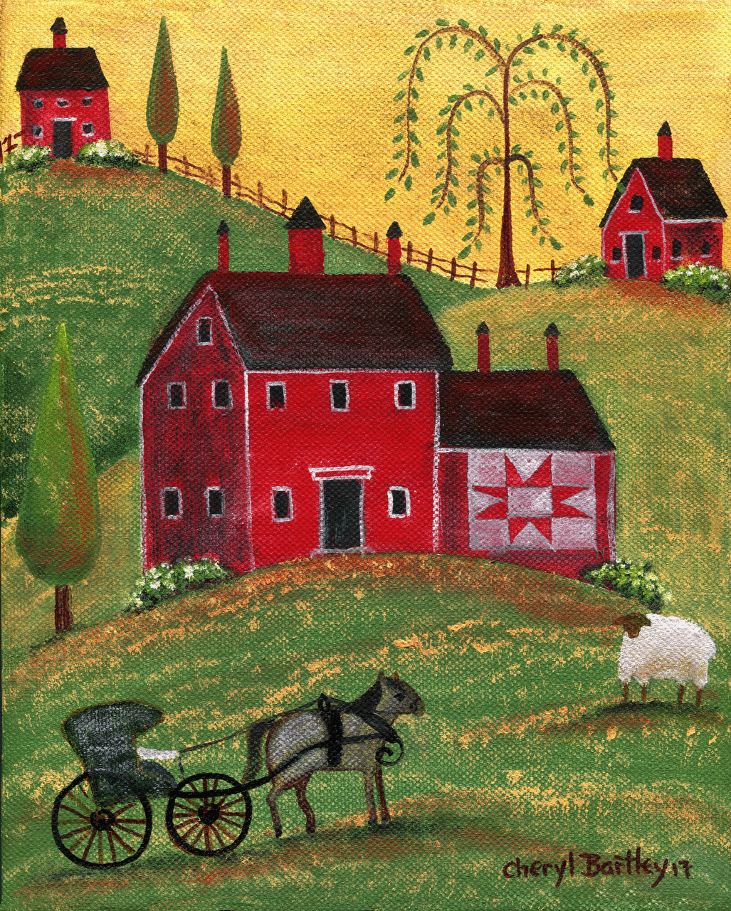 1027x1280 Country Homestead Original Folk Art Painting - Barn Red Painting