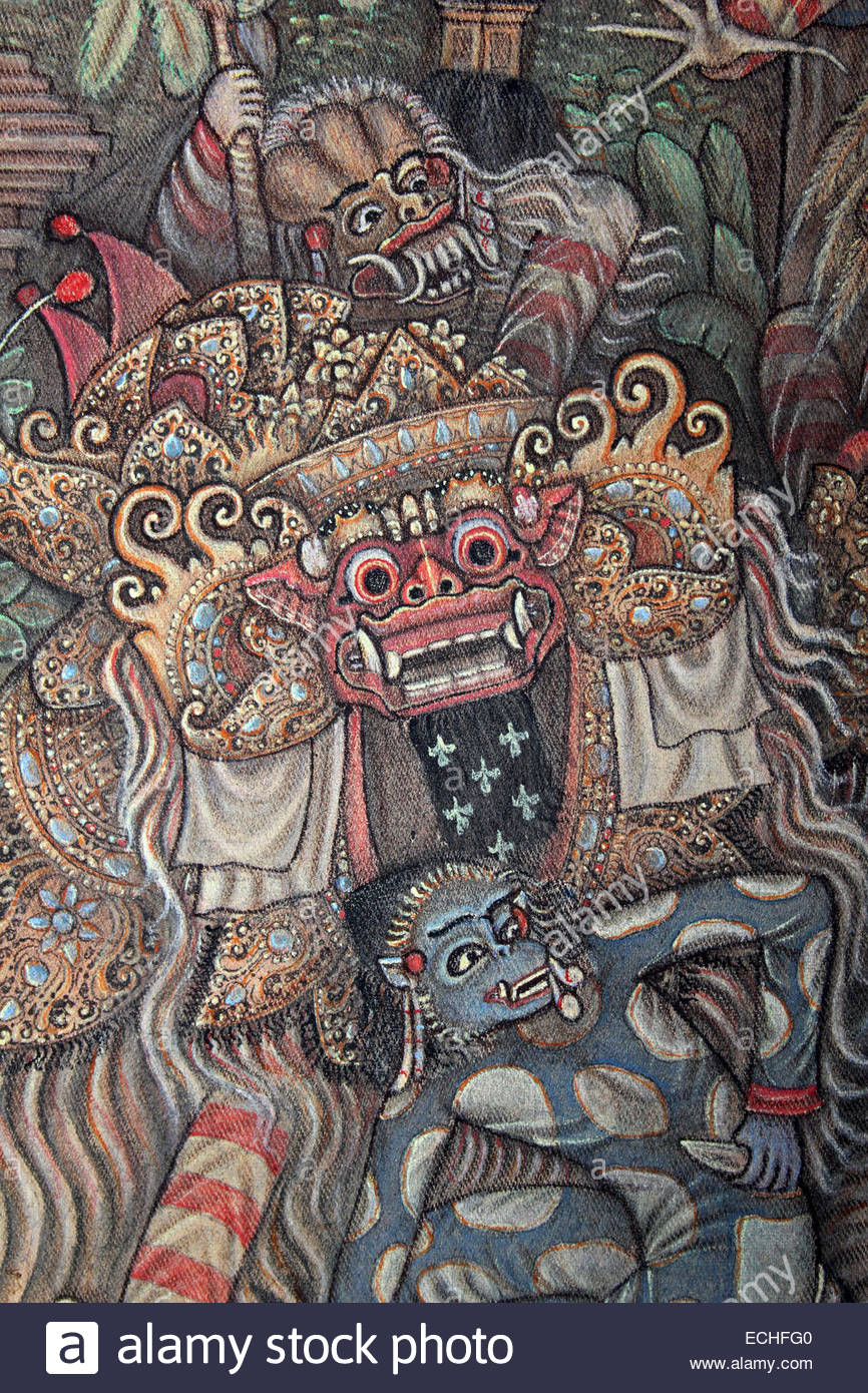 866x1390 Bali Painting Of Barong The Demon God And The Monkey God Hanoman - Barong Painting