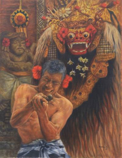 400x518 Balinese Oil On Canvas Painting Of Barong Dance In Temple - Barong Painting