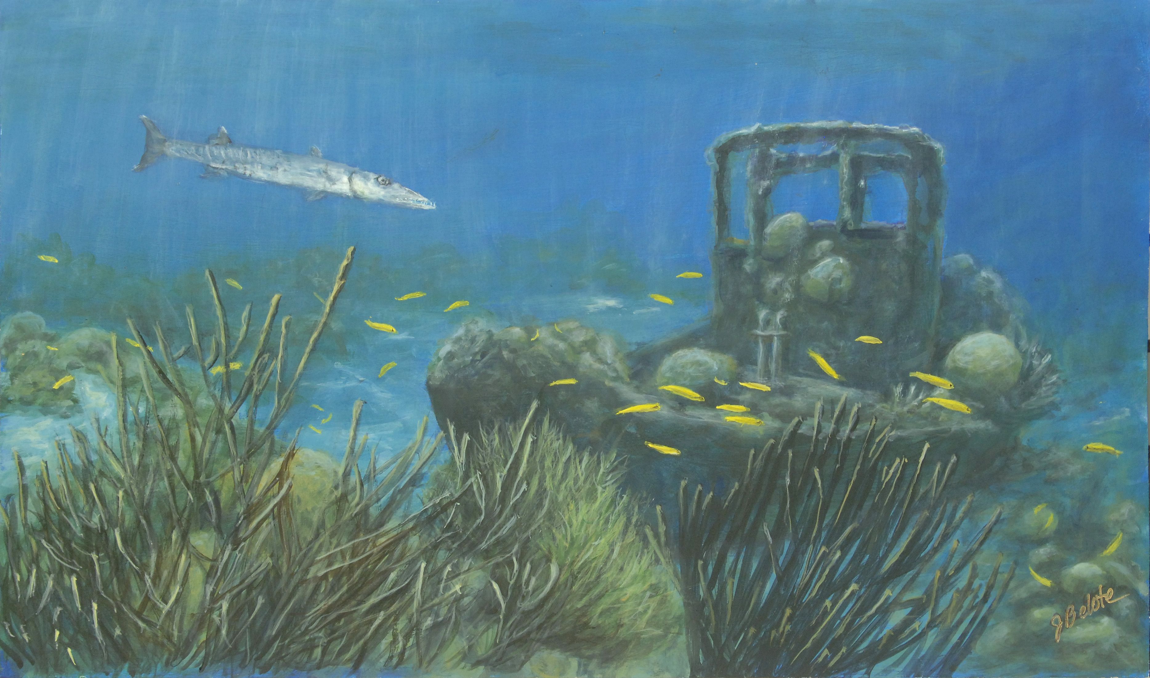 3735x2201 Curacao Tug Boat With Barracuda Painting My Marine Life - Barracuda Painting