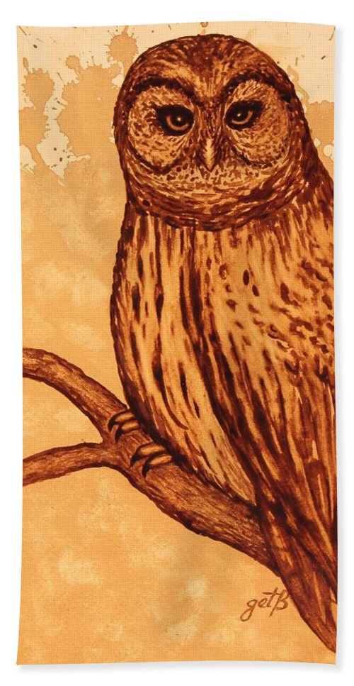 500x967 Barred Owl Coffee Painting Beach Towel For Sale By Georgeta Blanaru - Barred Owl Painting