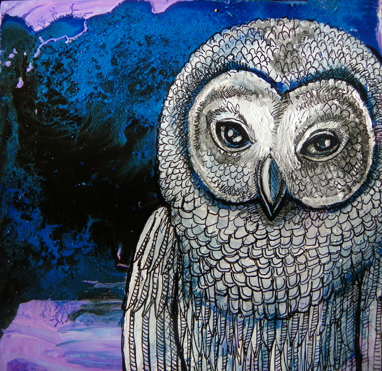750x728 Night Owl Miniature Barred Owl Painting By Lynnette Shelley - Barred Owl Painting