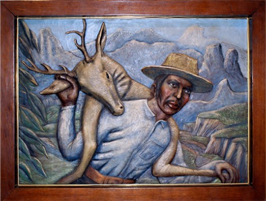 529x400 Roadside Mexican Bas Relief Carved Panel Of A Hunter - Bas Relief Painting