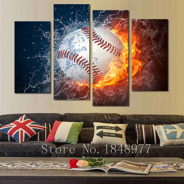 640x640 4 Panel Modern Abstract Canvas Painting Flame Baseball Painting - Baseball Painting