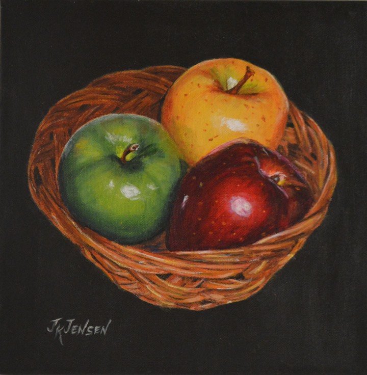720x736 New Work Basket With Three Apples Joyce K. Jensen Fine Art - Basket Of Apples Painting