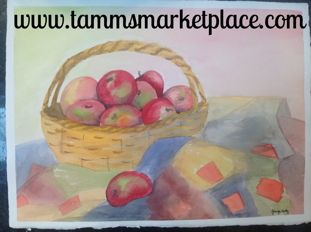 1024x765 Original Watercolor Painting Of A Basket With Apples On A Quilt - Basket Of Apples Painting