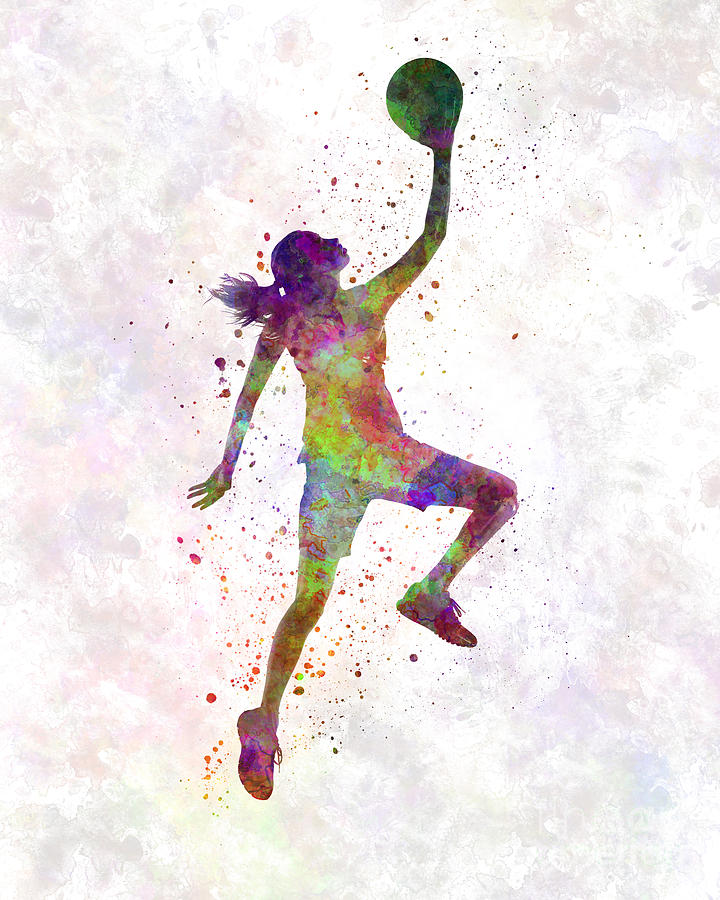 720x900 Young Woman Basketball Player 02 In Watercolor Painting By Pablo - Basketball Painting