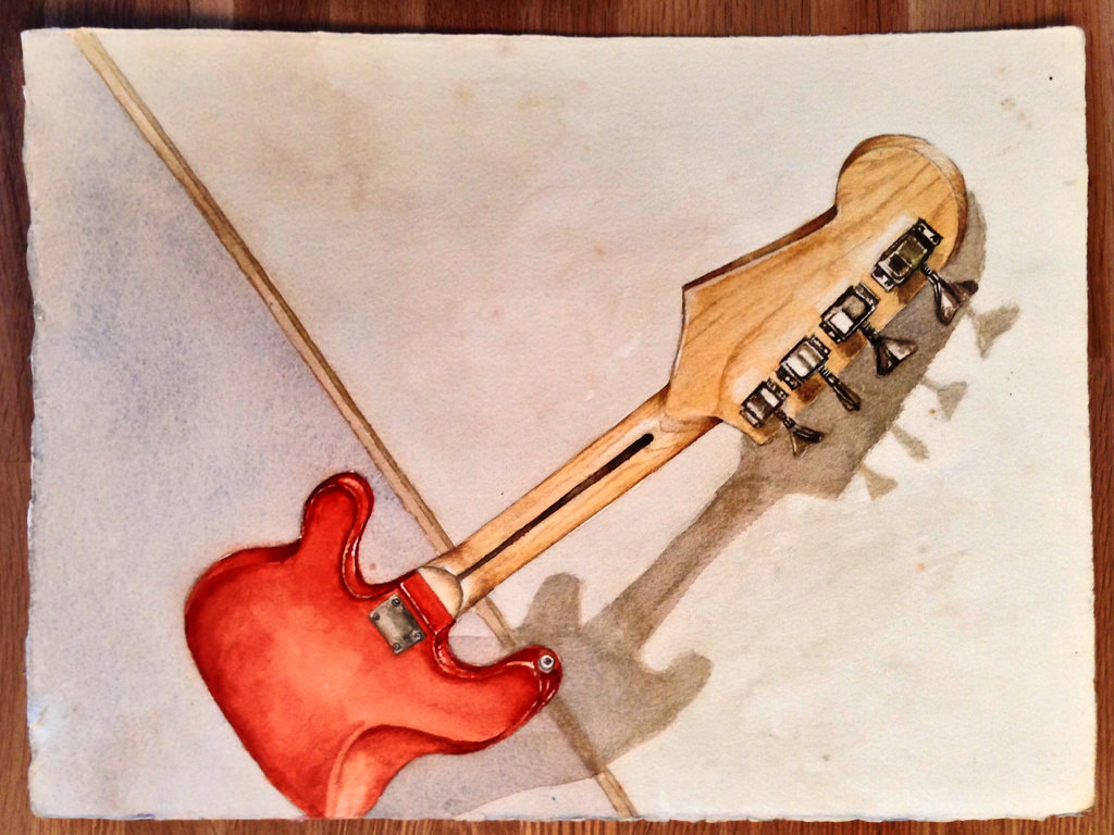 1024x768 Still Life Watercolor Painting Of Bass Guitar, Ucsc, 1995 - Bass Guitar Painting