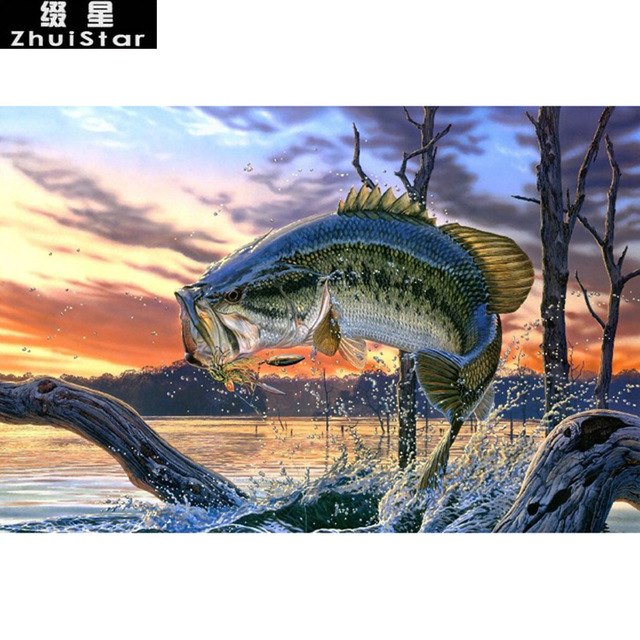 640x640 New 5d Diy Diamond Painting Bass Fishing Lake Sunset Embroidery - Bass Painting