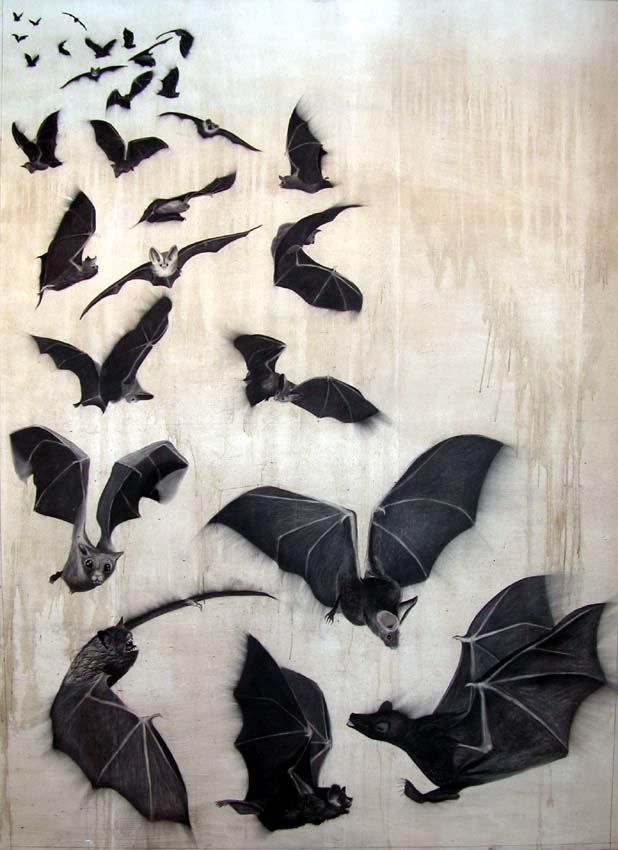 618x850 Bats Bat Flight Of Bats Thierry Bisch Animal Painter Threatened - Bat Painting