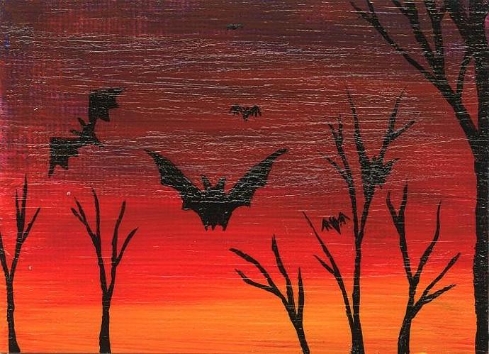 690x499 Original Acrylic Painting Aceo Bats In Flight By Diannna On Zibbet - Bat Painting