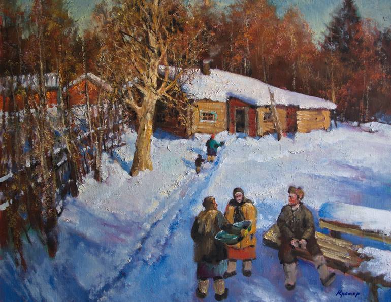 770x595 Saatchi Art Russian Winter. Bathhouse Painting By Mark Kremer - Bath House Painting