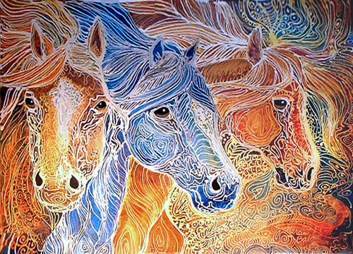 500x360 Painting Equus Trio ~ Batik On Canvas (Original Art By Marcia - Batik Painting On Canvas