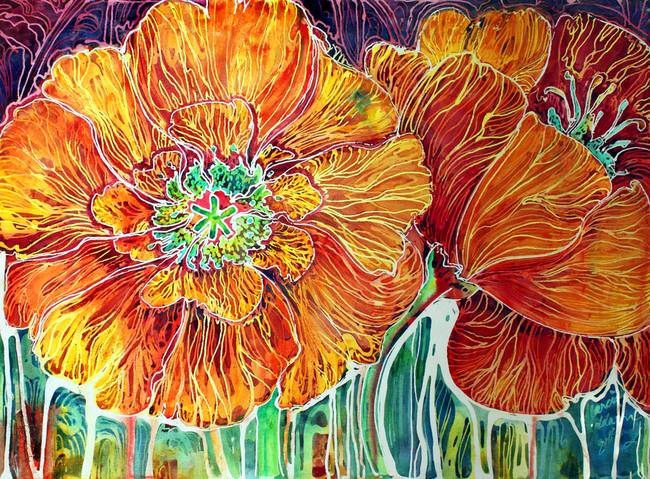 650x479 Poppies In Batik On Canvas ~ An Original By Marcia By Marcia Baldwin - Batik Painting On Canvas
