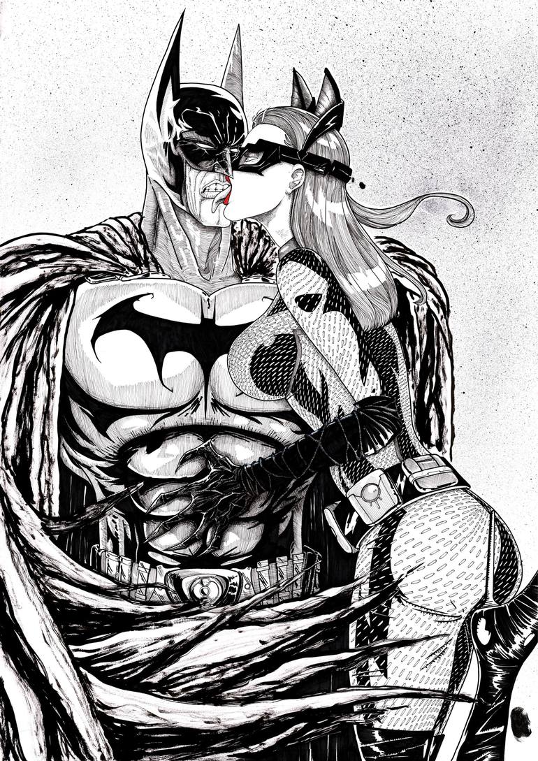770x1089 Saatchi Art Batman And Catwoman Poster Print Drawing By Sebastian - Batman And Catwoman Painting