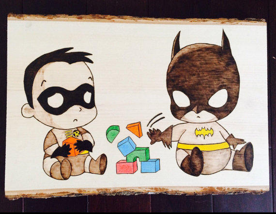 570x442 Items Similar To Baby Batman And Robin Woodburnt And Painted On Etsy - Batman And Robin Painting