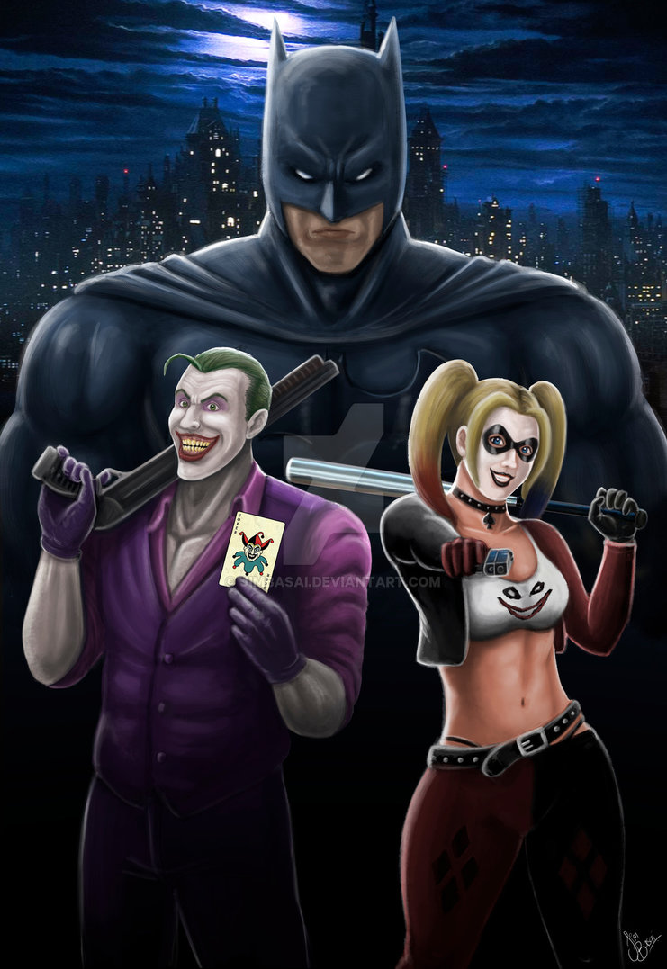 741x1077 Batman, Joker And Harley Quinn (Fan Art) By Jimbasai - Batman Joker Painting